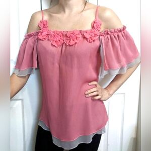 NWOT Marciano Pink Grey Layered Flower Flutter Sleeve Blouse Silk Small